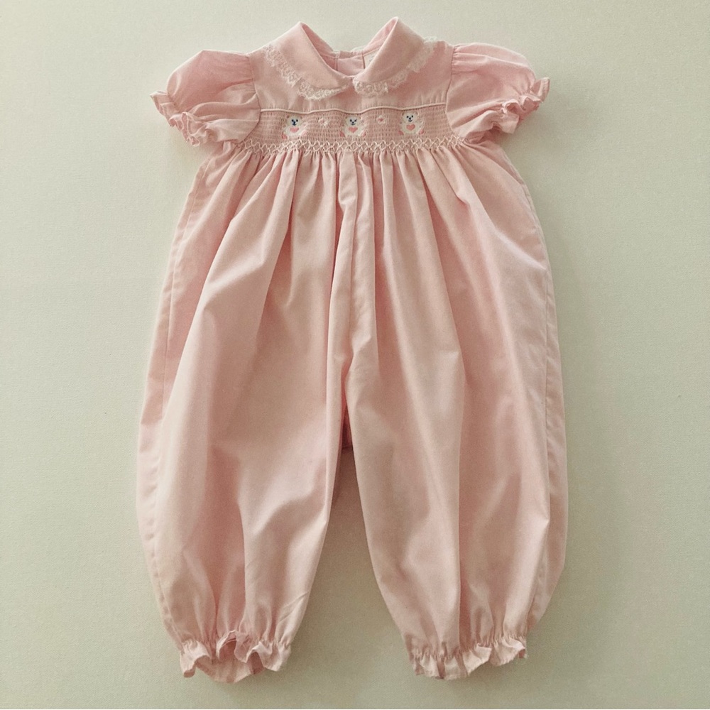 Vintage Baby Girl 6-9 Months Pink Smocked Romper Teddy Bear